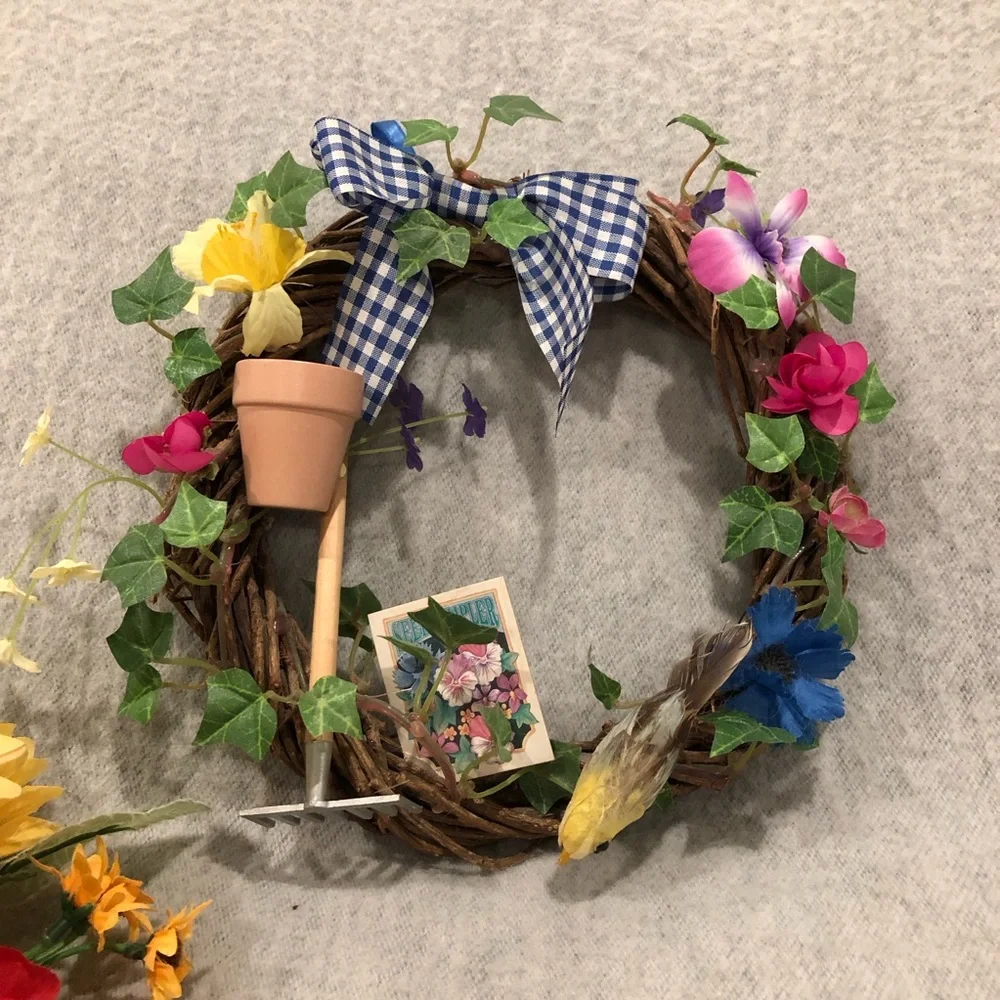 NWOT - Colorful Floral Garden Wreath with Gingham Bow